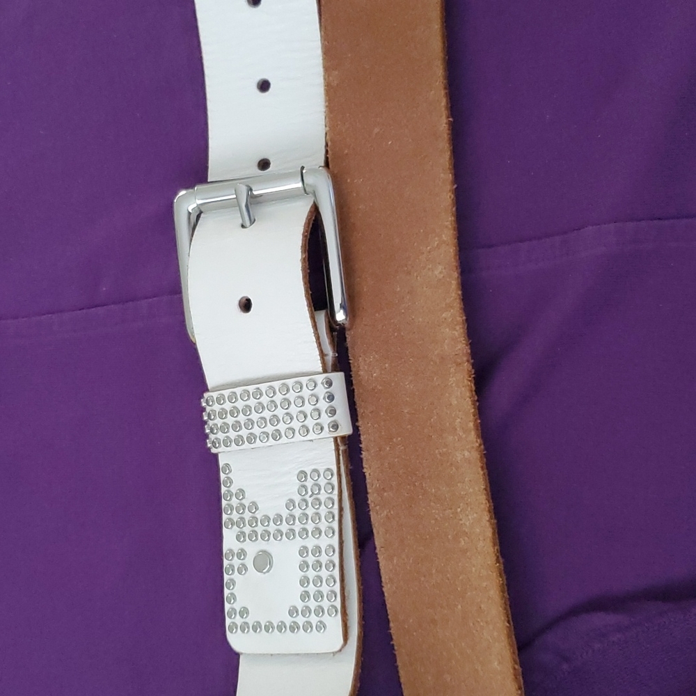 Belt, White Leather, Silver Buckle, Silver Studded, 44" Long, Never been worn